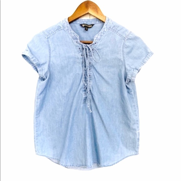 Express Blue Chambray Lace Up Lyocell Short Sleeve Blouse - Picture 1 of 6